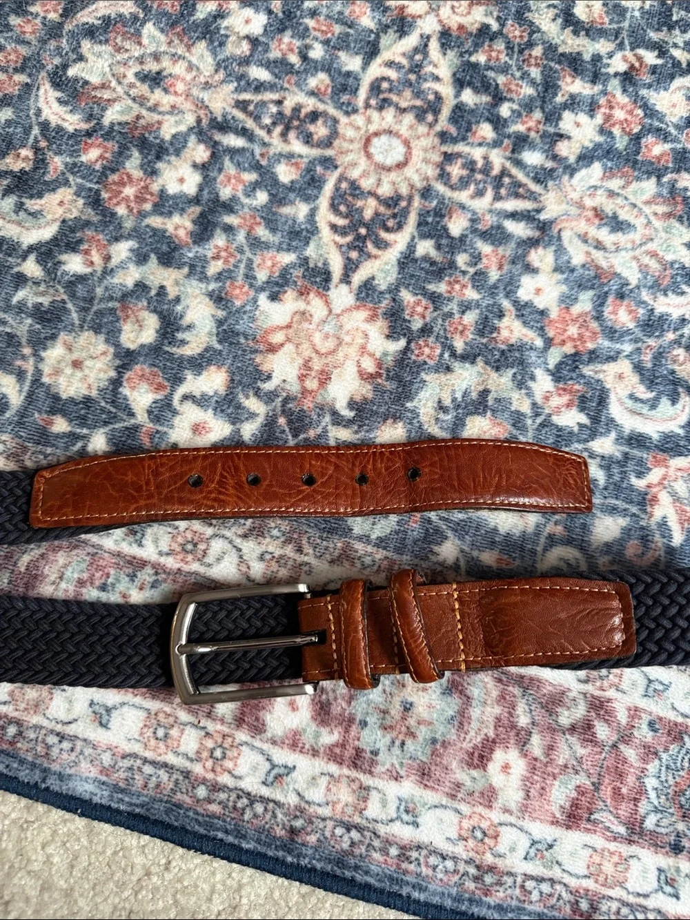 Men's Black Woven Belt with Brown Leather Trim and Silver Buckle